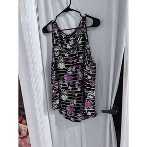 Torrid Tank Top 1x Black Floral Skull Striped Pattern Semi-Sheer Chiffon Goth